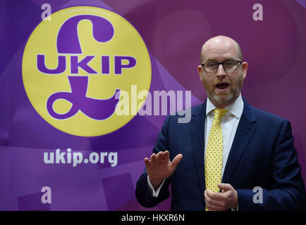 UKIP-Parteichef und zentrale Stoke-on-Trent Nachwahl Kandidat Paul Nuttall eine Hauptgesundheit Politik Rede im North Stafford Hotel in Stoke-on-Trent. Stockfoto