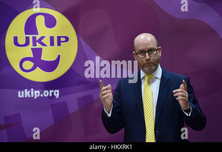 UKIP-Parteichef und zentrale Stoke-on-Trent Nachwahl Kandidat Paul Nuttall eine Hauptgesundheit Politik Rede im North Stafford Hotel in Stoke-on-Trent. Stockfoto