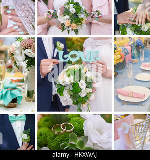 Hochzeit Collage Braut, Bräutigam, Attribute von Bouquet und Ringe Stockfoto