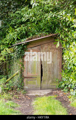 Kleine alte hölzerne Schuppen meist von bewachsenen Vegetation mit Efeu bedeckt Stockfoto