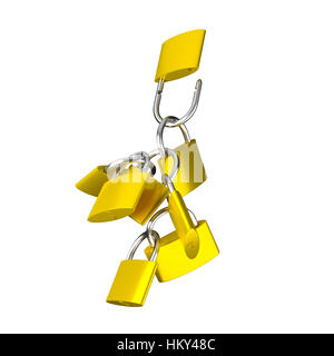 Hängenden goldenen Vorhängeschlössern auf dem weißen Hintergrund isoliert. 3D Bild rendern. Stockfoto