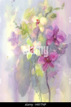 rosa weiße Orchidee Zweig Aquarell backgroung Stockfoto