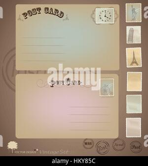 Vektor-Satz: Vintage Postkarte Designs und Briefmarken. Stock Vektor