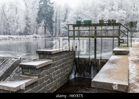Handbetrieben Rad Kontrollen und Schleuse am Teich Stockfoto