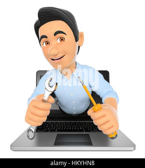 3d-arbeitenden Menschen Abbildung. Informationstechnologie Techniker kommen aus einem Laptop Bildschirm mit einem Schraubenschlüssel und einem Schraubenzieher. isoliert weißer backgroun Stockfoto