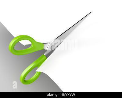 Weißes Papier mit einer Schere schneiden Stockfoto