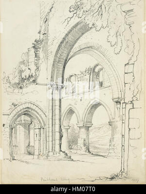 Diese Skizze aus dem Skizzenbuch der Familie Lines zeigt die architektonischen Überreste der Buildwas Abbey in England. Die Zeichnung gibt einen Einblick in die historische Struktur der Abtei aus dem 12. Jahrhundert, wobei der Schwerpunkt auf den erhaltenen Elementen liegt. Stockfoto