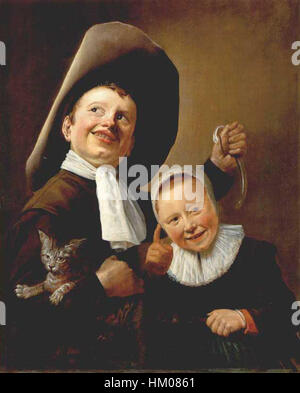 Judith Leysters *Ein Junge und ein Mädchen mit einer Katze und einem Aal* fängt zwei Kinder in einem häuslichen Ambiente ein und spiegelt die Meisterschaft des Künstlers in der Porträtmalerei und Genremalerei im Goldenen Zeitalter der Niederlande wider. Stockfoto
