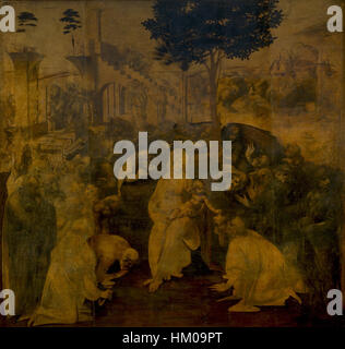 Ein berühmtes Gemälde von Leonardo da Vinci, „Adorazione dei Magi“ (Anbetung der Könige), das die Meisterschaft des Künstlers in Komposition und Detail zeigt. Dieses Kunstwerk zeigt die biblische Szene der Könige, die dem Jesuskind Geschenke schenken, gemalt mit außergewöhnlicher Kunst und Präzision. Stockfoto