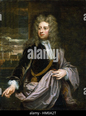 Dieses Selbstporträt von Sir Godfrey Kneller, einem prominenten britischen Porträtkünstler des 17. Und 18. Jahrhunderts, zeigt sein Geschick, das Bild seiner Motive zu erfassen. Als eine bemerkenswerte Figur in der Kunstwelt schuf Kneller viele herausragende Porträts. Stockfoto
