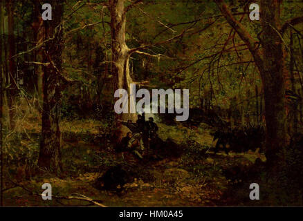 Ein Gemälde von Winslow Homer mit dem Titel „Skirmish in the Wilderness“, das eine Kampfszene aus dem Amerikanischen Bürgerkrieg darstellt. Das Kunstwerk hebt Homers dramatische Verwendung von Licht und Schatten hervor, um die Intensität des Kampfes zu vermitteln. Stockfoto