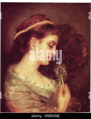 Das 1877 entstandene Gemälde „Lady with Fan“ von Gottlieb zeigt eine Frau in der Hand eines Fächers und zeigt die zarte Eleganz und den Stil des späten 19. Jahrhunderts. Das Werk hebt feine Details und raffinierte Porträts hervor und zeigt die Kunst des Künstlers, feminine Anmut zu erfassen. Stockfoto