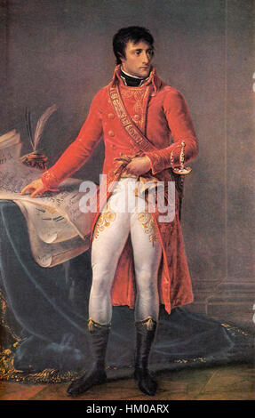 Dieses Ölgemälde von Jean-Antoine Gros stellt Napoleon Bonaparte als ersten Konsul dar und zeigt seine Macht und seinen Einfluss im postrevolutionären Frankreich. Das Gemälde spiegelt die Pracht seines politischen Aufstiegs wider. Stockfoto