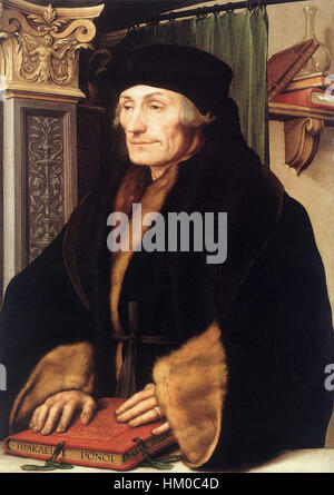 Hans Holbein das Porträt des Jüngeren von Erasmus von Rotterdam, das im 16. Jahrhundert gemalt wurde, ist ein bedeutendes Werk der Renaissance-Kunst. Das Porträt fängt Erasmus, einen renommierten humanistischen Gelehrten, in seiner intellektuellen Prominenz während dieser Zeit ein. Stockfoto