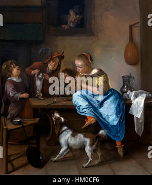 Kinder eine Katze lehren, zu tanzen, die Tanzstunde, Jan Steen, 1660-79, Öl auf Holz, Rijksmuseum, Amsterdam, Niederlande, Europa, Stockfoto