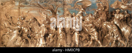 „Der Triumph des Reichtums“ von Hans Holbein dem Jüngeren ist ein allegorisches Gemälde, das die Vergänglichkeit des Reichtums und seine Auswirkungen auf die Gesellschaft erforscht. Das Gemälde ist mit symbolischen Bildern gefüllt, die die flüchtige Macht des Reichtums angesichts von Sterblichkeit und Tugend veranschaulichen. Stockfoto
