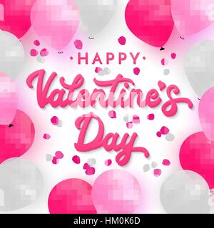 Valentinstag Karte mit 3d rosa Hand Schriftzug Text auf romantischen Hintergrund mit weißen, rosa und tief rosa realistische Luftballons auf Kulisse mit Rosenblättern. Schriftart-Vektor-Illustration. Stock Vektor