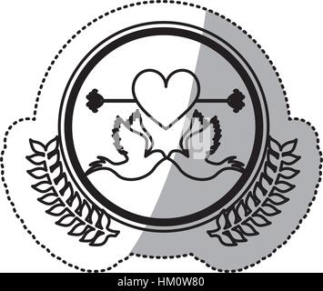 einfarbige Aufkleber der Tauben befestigt durch die Spitze und großes Herz gekreuzt durch Pfeil im Kreis mit Oliven Branchs Vektor-illustration Stock Vektor