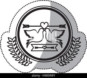 einfarbige Aufkleber der Tauben befestigt durch die Spitze und kleines Herz gekreuzt durch Pfeil im Kreis mit Oliven Branchs Vektor-illustration Stock Vektor
