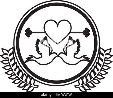 monochrome Tauben befestigt durch die Spitze und großes Herz gekreuzt durch Pfeil im Kreis mit Oliven Branchs Vektor-illustration Stock Vektor