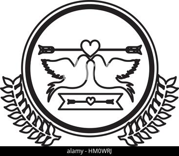 monochrome Tauben befestigt durch die Spitze und kleine Herz gekreuzt durch Pfeil im Kreis mit Oliven Branchs Vektor-illustration Stock Vektor
