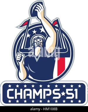 Abbildung von einem american Football quarterback hält Kugel vor der vorderen Reihe in Kreis mit Sternen und Streifen-Flagge mit Worten Champs 51 neue E Stock Vektor