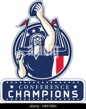 Abbildung von einem american Football quarterback hält Kugel vor der vorderen Reihe in Kreis mit Sternen und Streifen-Flagge mit Worten Konferenz Cham Stock Vektor