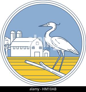 Beispiel für eine Great Blue Heron thront auf einem Ast der Seitenansicht im inneren Kreis mit Scheune Bauernhof Silo im Hintergrund getan in retro styl Stock Vektor