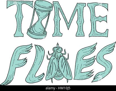 Zeichnung Skizze Stil Illustration der Worte Text Time Flies mit Sanduhr und fliegen auf isolierten weißen Hintergrund. Stock Vektor