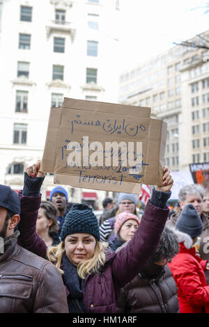 Washington, USA. 29. Januar 2017. Demonstranten versammeln sich außerhalb der Trump International Hotel während der Protest in Washington, D.C. Demonstranten in Washington und im ganzen Land versammelt, um Präsident Donald Trump Ausführungsverordnung abgesehen von den Bürgern mehrheitlich muslimischen Länder Irak, Syrien, Iran, Sudan, Libyen, Somalia und Jemen von Reisen in die Vereinigten Staaten zu protestieren. Bildnachweis: Ardavan Roozbeh/ZUMA Draht/Alamy Live-Nachrichten Stockfoto