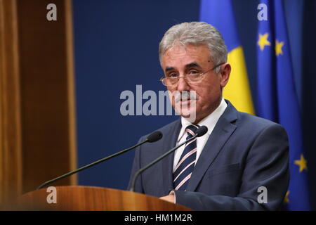 Bukarest, Rumänien. 31. Januar 2017. Rumänischer Minister für öffentliche Finanzen, Viorel Stefan, spricht auf einer Pressekonferenz. Bildnachweis: Gabriel Petrescu/Alamy Live-Nachrichten Stockfoto