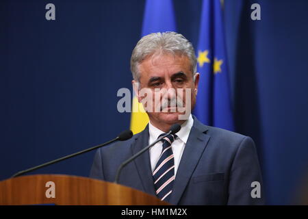 Bukarest, Rumänien. 31. Januar 2017. Rumänischer Minister für öffentliche Finanzen, Viorel Stefan, spricht auf einer Pressekonferenz. Bildnachweis: Gabriel Petrescu/Alamy Live-Nachrichten Stockfoto