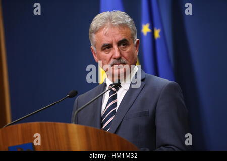 Bukarest, Rumänien. 31. Januar 2017. Rumänischer Minister für öffentliche Finanzen, Viorel Stefan, spricht auf einer Pressekonferenz. Bildnachweis: Gabriel Petrescu/Alamy Live-Nachrichten Stockfoto