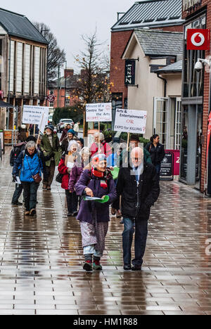 Hereford, Herefordshire, England. 1. Februar 2017. Demonstranten gehen auf die Straße in Hereford, ihre Besorgnis über die Hereford Defence and Security Expo statt im Courtyard Theatre zu äußern. Die Expo ist ein Forum für Militär, Sicherheitsdienste und Lieferanten, die von der britischen Regierung, Militär und einige der weltweit größten Waffenfirmen wie Qinetiq lokale private Militär- und Sicherheitsfirmen zusammenführt. Der Protest wurde von Hereford Friedensrates und Hereford Quäker organisiert. Bildnachweis: Jim Holz/Alamy Live-Nachrichten Stockfoto