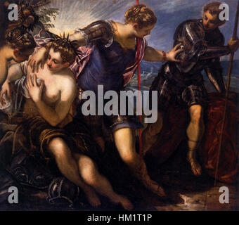 Jacopo Tintorettos „Minerva schickt den Mars von Frieden und Wohlstand weg“ stellt die allegorische Szene dar, in der die Göttin Minerva den Gott Mars verbannt und damit den Sieg des Friedens über den Krieg symbolisiert. Stockfoto