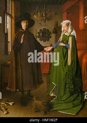 Jan van Eycks ikonisches Gemälde „Porträt von Giovanni Arnolfini und seiner Frau“ fängt den detaillierten und raffinierten Stil der frühen niederländischen Kunst ein. Das Porträt ist berühmt für seine reiche Symbolik und die präzise Darstellung von Texturen und Stoffen. Stockfoto