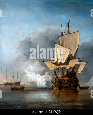 Der Kanonenschuß, Willem van de Velde II, um 1680, Öl auf Leinwand, Rijksmuseum, Amsterdam, Niederlande, Europa, Stockfoto