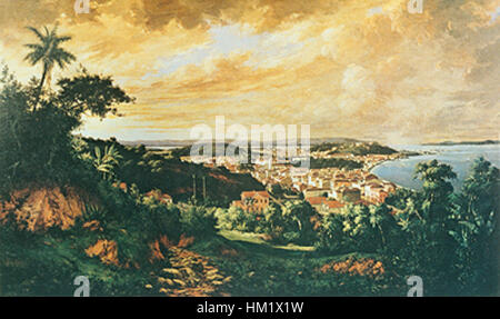 Dieses Gemälde von Johann Georg Grimm aus dem Jahr 1883 zeigt eine Ansicht von Rio de Janeiro, speziell von Rua Senador Cassiano in Santa Teresa. Das Stück fängt die Landschaft und das pulsierende Stadtleben Brasiliens aus dem 19. Jahrhundert ein. Stockfoto