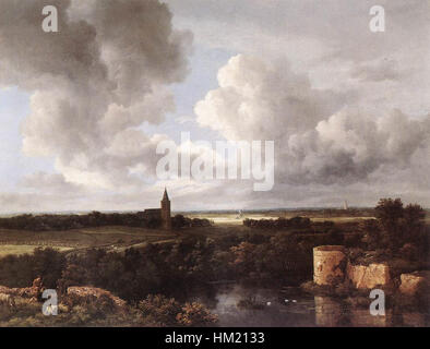 Jacob Isaacksz. van Ruisdael - einer weitläufigen Landschaft mit einem Ruined Schloss und Dorfkirche - WGA20493 Stockfoto