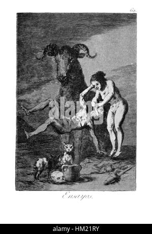 Ein Druck aus Francisco Goyas Serie „Caprichos“, Nummer 60, zeigt die kritische Auseinandersetzung des Künstlers mit sozialen und politischen Themen durch satirische und dramatische Bilder. Stockfoto