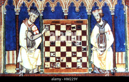 Dieses Kunstwerk aus dem Jahr 1283 zeigt die Templer, die sich in einem Schachspiel engagieren, und zeigt die mittelalterliche Faszination für Strategie und Spiele. Das Stück beleuchtet die kulturellen und intellektuellen Aktivitäten der Templer im Mittelalter. Stockfoto