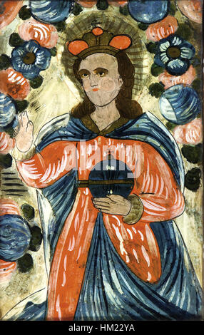 Ein traditionelles Glasgemälde aus Prag, das den Jesulein oder den Jesulein darstellt. Das Kunstwerk spiegelt die Volkskunst-Tradition der Region wider und verwendet lebendige Farben und religiöse Themen. Stockfoto