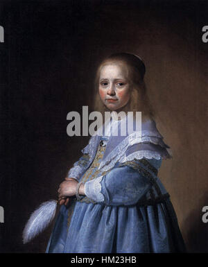 Mädchen in einem blauen Kleid von Johannes Cornelisz. Verspronck ist ein Porträtbild aus dem 17. Jahrhundert. Es veranschaulicht das Goldene Zeitalter der Niederlande und zeigt die Fähigkeit des Künstlers, feine Details der Mode und des Charakters des Motivs festzuhalten. Stockfoto