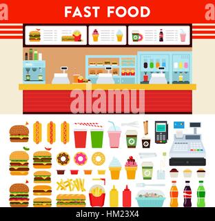 Fast-Food-Theke mit Menü Zeichen. Stock Vektor