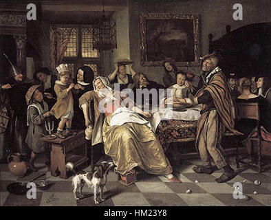 Dieses Gemälde von Jan Steen mit dem Titel „Het Driekoningenfeest“ (das fest der drei Könige) stellt die biblische Szene der drei Könige dar, die die Geburt Christi feiern, und zeigt Steens Meisterschaft der niederländischen Genremalerei. Stockfoto