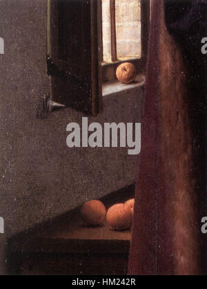 Dieses ikonische Detail aus Jan van Eycks „Porträt von Giovanni Arnolfini und seiner Frau“ zeigt den akribischen Realismus und die lebendigen Farben, die für die frühe niederländische Kunst charakteristisch sind. Das Werk fängt das Paar in einem Moment ehelichen Hochfestes ein und demonstriert van Eycks Meisterschaft der Ölmalerei und der komplizierten Details. Stockfoto