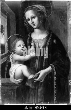 Dieses italienische Kunstwerk mit dem Titel „Jungfrau und Kind“ aus der Walters-Sammlung zeigt die zarte Darstellung der Madonna und des Kindes, die typisch für die religiöse Kunst der Renaissance ist. Stockfoto