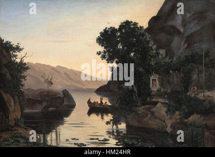 Diese Landschaft von Jean-Baptiste-Camille Corot fängt die ruhige Landschaft nahe Riva am Gardasee ein und zeigt seine Beherrschung des Lichts und der natürlichen Elemente. Corots Verwendung weicher Pinselstriche und atmosphärischer Effekte definiert sein Werk Mitte des 19. Jahrhunderts. Stockfoto