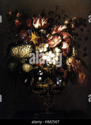 Juan de Arellanos „Vase der Blumen“ ist ein Beispiel für den spanischen Barock mit seinen detaillierten Blumenarrangements. Die lebendigen Farben und die akribische Liebe zum Detail spiegeln die Schönheit der Natur und das Geschick des Künstlers im Stillleben wider. Stockfoto