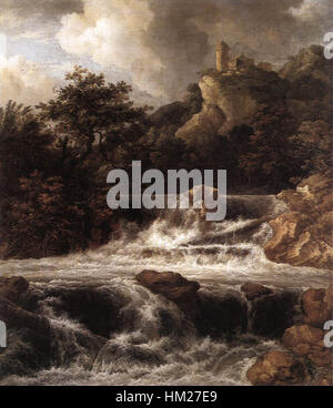 Jacob Isaacksz. Van Ruisdaels *Wasserfall mit Burg auf dem Felsen* veranschaulicht eine dramatische Landschaft mit einem kaskadierenden Wasserfall und einer Burg, die auf einer Felsformation thront. Das Gemälde fängt die Kraft der Natur und der menschlichen Architektur in Harmonie ein. Stockfoto